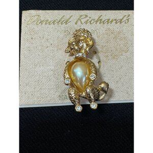Donald Richards Gold Tone Poodle Brooch With Pearl Belly & Rhinestones